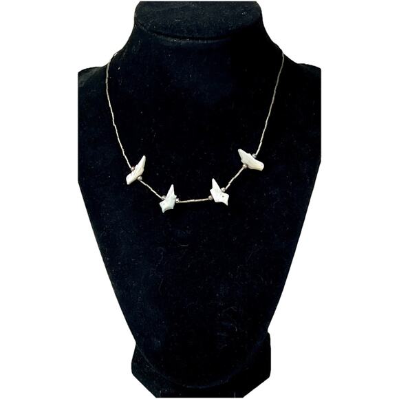 Native American 925 Liquid Silver Necklace Carved MOP Birds Fetish Necklace 14” - Picture 2 of 11